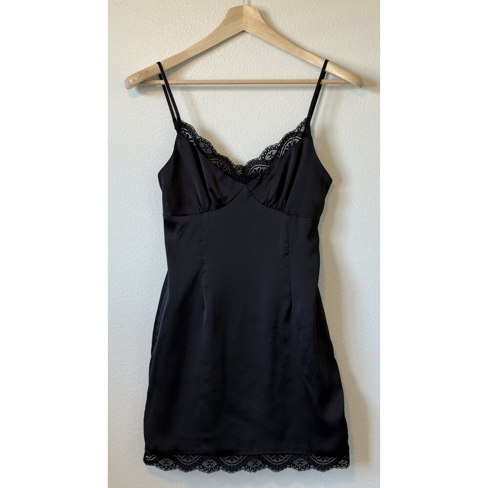 Princess Polly Black Slip Dress Lace Trim Size 4 Dark Coquette Goth Babydoll Y2K